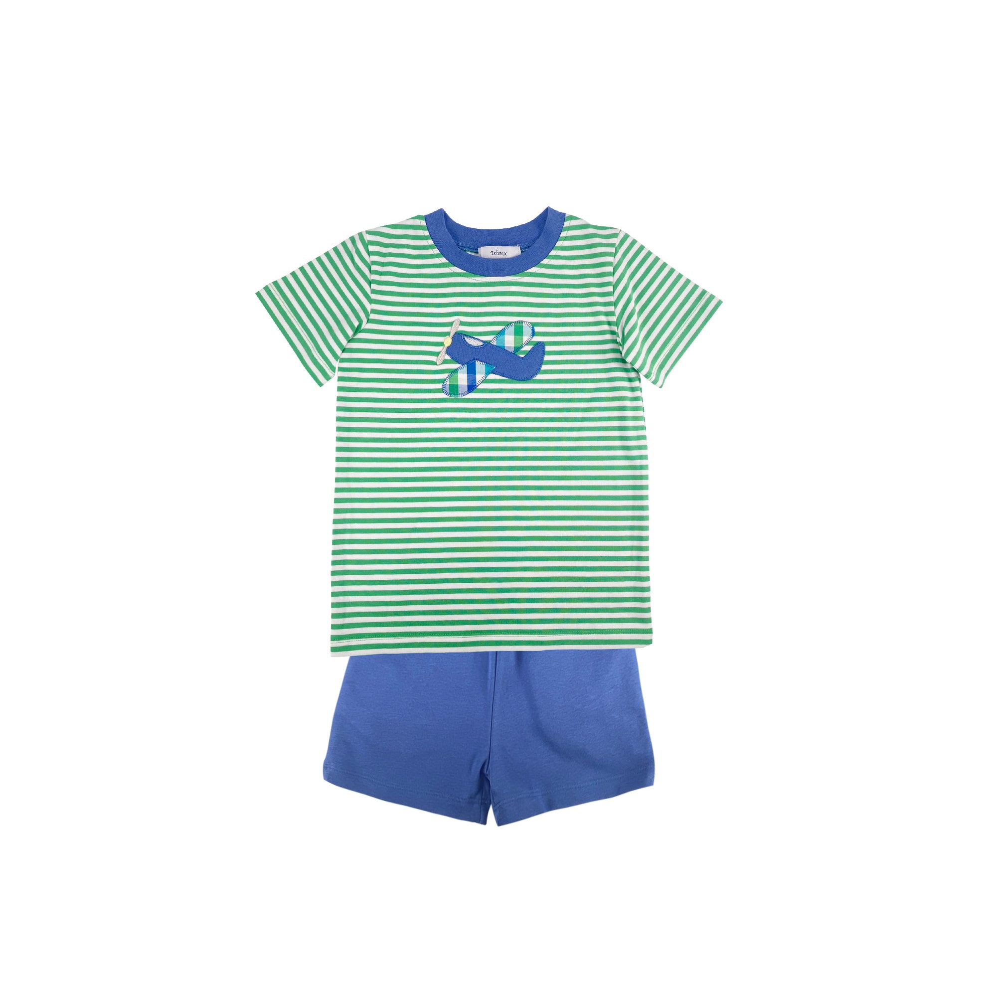 boy's shorts set, airplane, green, blue