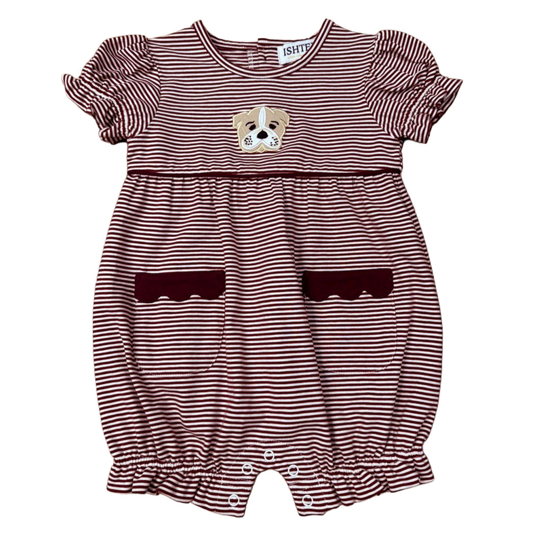 Maroon Bulldog Applique Girl's Bubble Romper