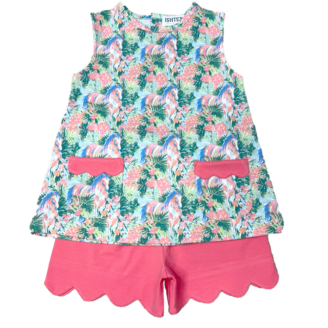 Horse Print Girl's Shorts Set