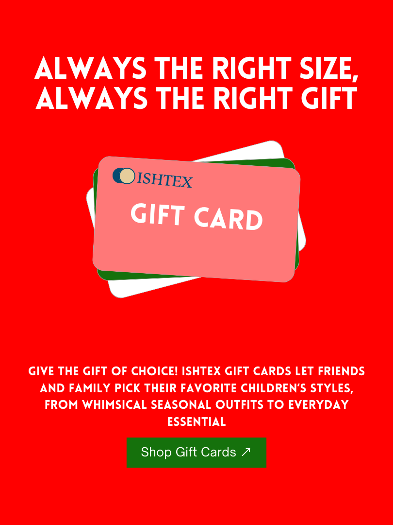 Ishtex gift card on a red background with promotional text.